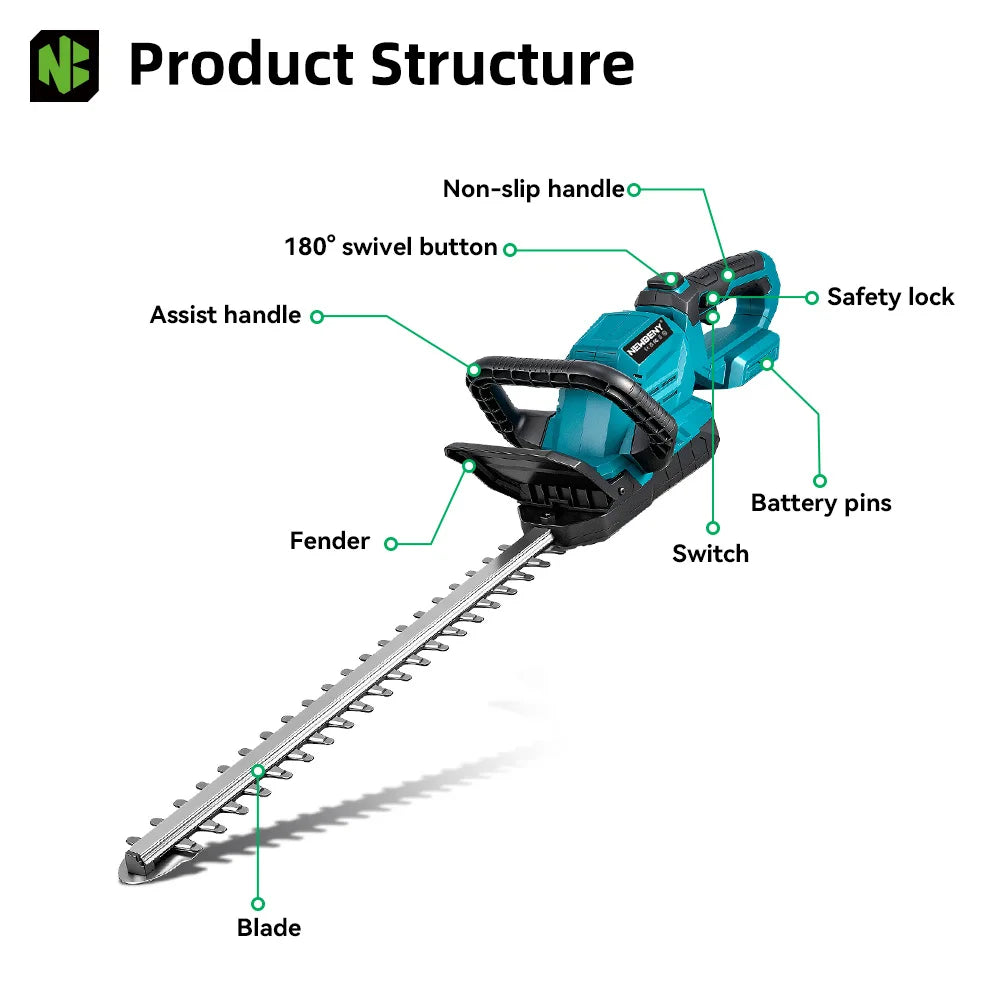 NewBeny Cordless Hedge Trimmer 18-21V – 530mm Dual Blade, 3000RPM Electric Trimmer (No Battery)