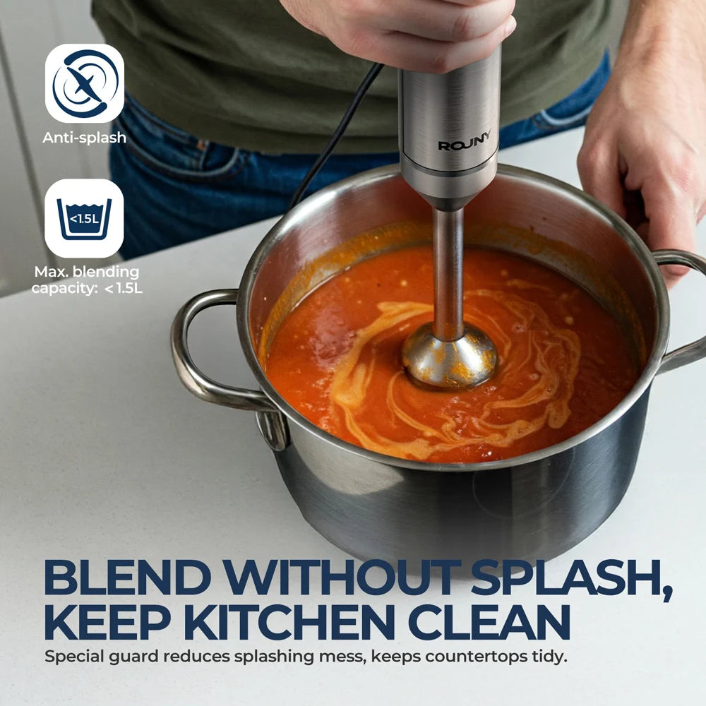 ROUNY 4-in-1 Hand Blender 1000W – Stainless Steel Immersion Blender with Chopper & Whisk