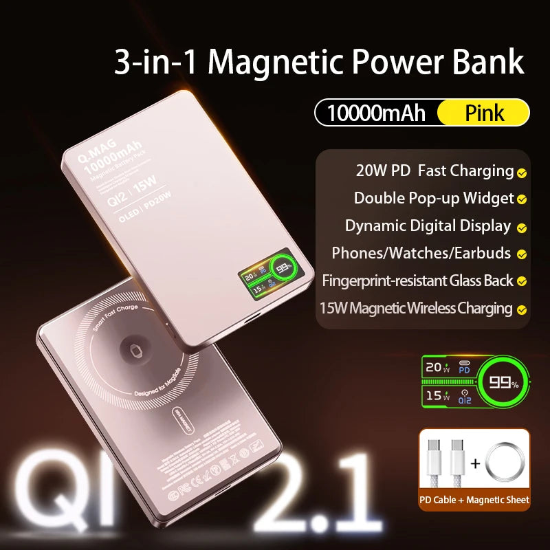 Magnetic Wireless Power Bank 5000/10000mAh – 3-in-1 Fast Charger with Digital Display