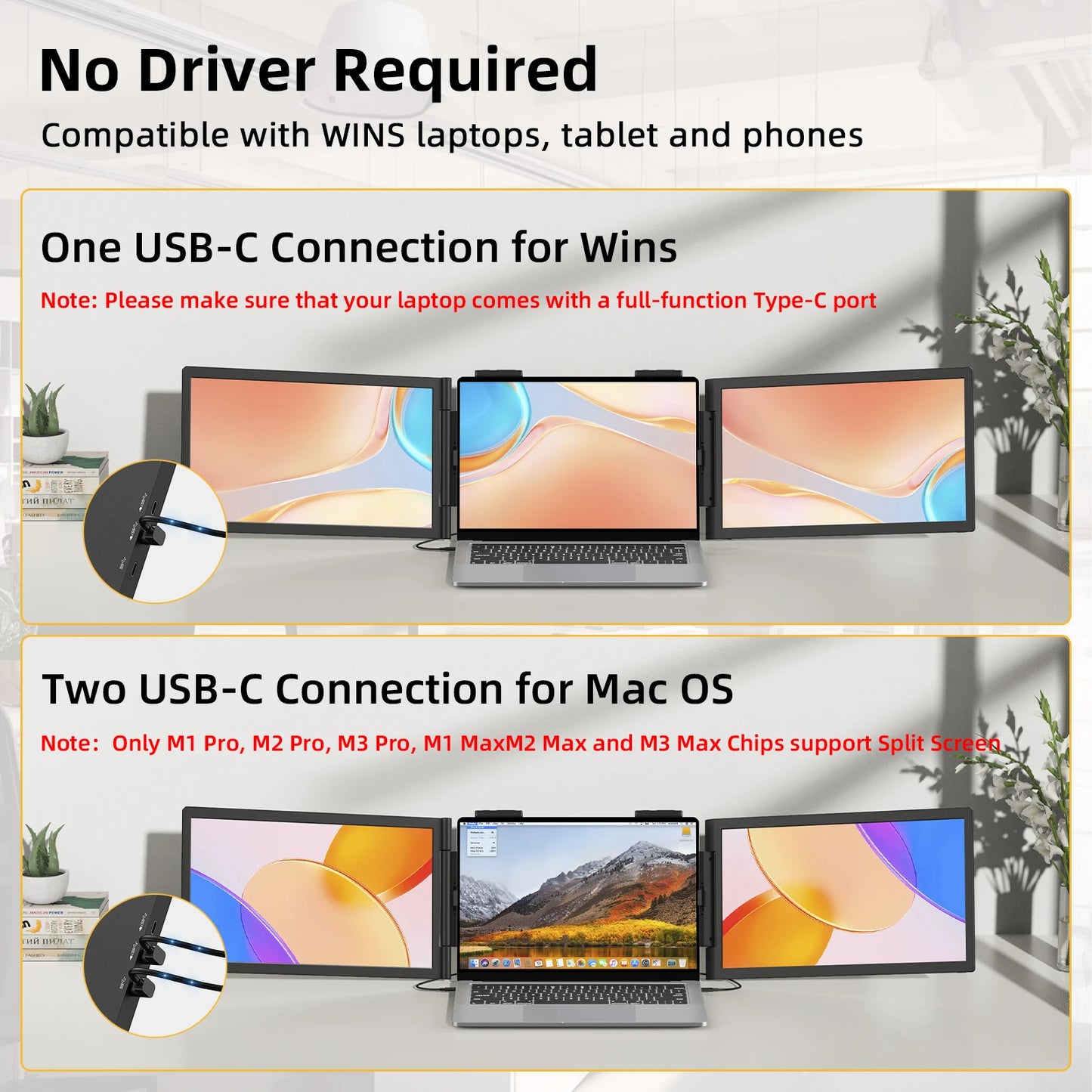 Amoudo 14″ Triple Screen Laptop Extender IPS Monitor | FHD 1920×1080 | USB-C Plug & Play | Portable Dual Screen