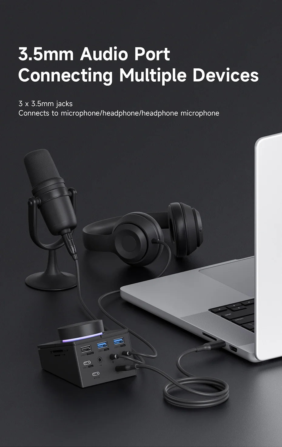 8-Port USB-C Hub for Laptop – HDMI + DP 4K, Ethernet, Card Reader & Audio Control
