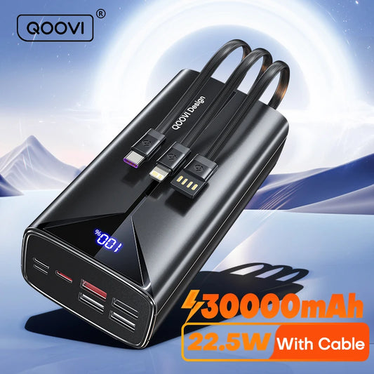 QOOVI 30000mAh Power Bank 22.5W Fast Charge | Built-in Cables | Digital Display | PD Quick Charge