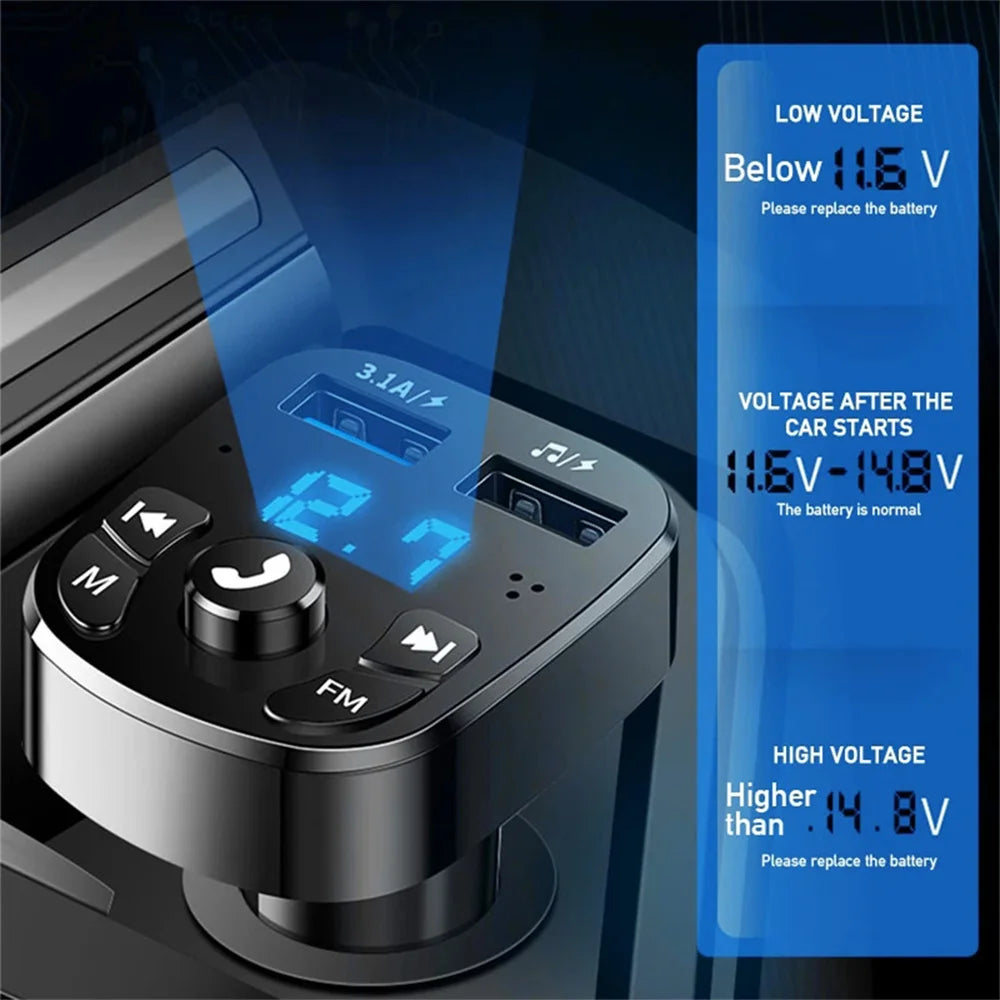Bluetooth 5.0 Car FM Transmitter with Dual USB Fast Charging, Hands-Free Calls & LED Voltage Display (12V–24V)