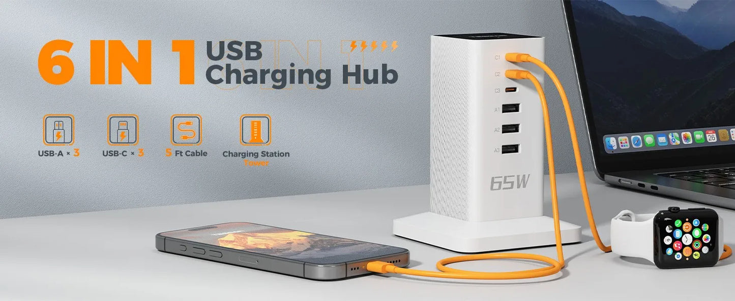 65W Multi-Port USB Charging Station – GaN Fast Charger with 3 USB-C + 3 USB-A (AU)